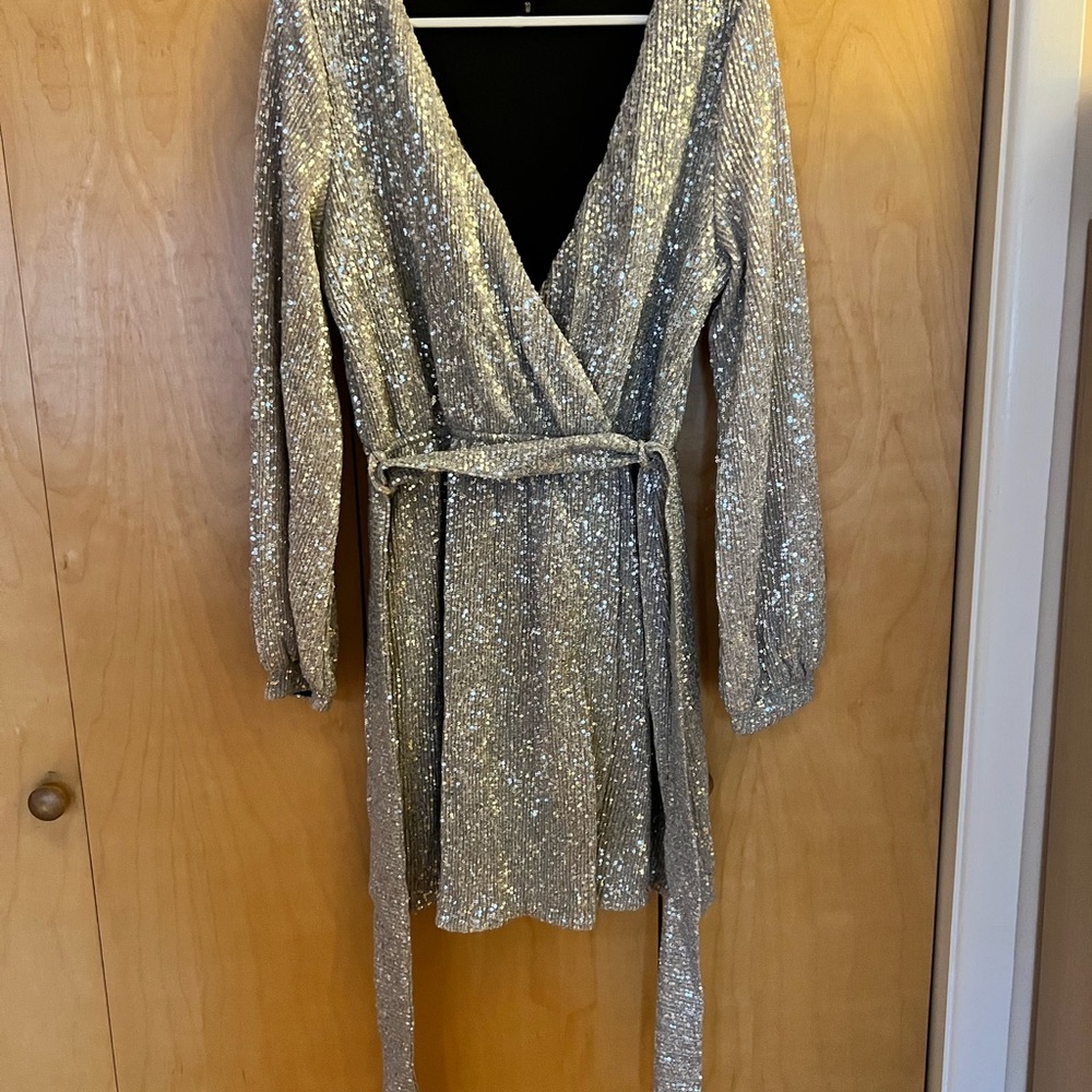 Dynamite Silver Sequin Wrap Dress